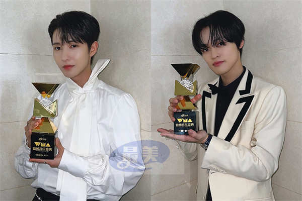 NCT成员仁俊、辰乐 ，威神V成员KUN钱锟、XIAOJUN肖德俊分别荣获微博音乐盛典年度推荐人气艺